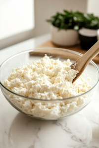 A close-up shot of a glass mixing bowl over the white marble cooktop, with softened cream cheese being beaten until smooth using a hand mixer. The creamy texture looks fluffy and rich.