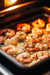 A close-up shot of shredded Mexican blend cheese being evenly sprinkled over the seasoned shrimp on a baking sheet. The cheese covers each shrimp generously.