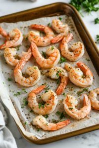 An overhead view of a rimmed baking sheet lined with parchment paper, with butterflied shrimp arranged cut-side up, ready to be seasoned.