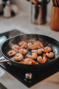 A close-up shot of shrimp sizzling in the black skillet on the white marble cooktop. The shrimp are turning pink as they cook, with a spatula nearby for flipping.