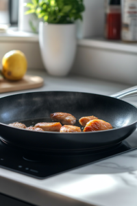 A black skillet on a white marble cooktop with shimmering olive oil over medium heat. Bite-sized chunks of boneless, skinless chicken thighs sizzle as they turn golden brown, creating a flavorful base for the dish.