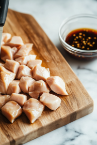 Close-up shot of a wooden cutting board with a sharp knife slicing raw chicken breast into 1-inch cubes. A small glass bowl nearby holds soy sauce, cornstarch, chili vinegar, and ground ginger for marinating.