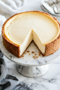 An overhead shot of a fully chilled cheesecake on a cake stand. A slice is being lifted, revealing the creamy, dense texture and buttery graham cracker crust.