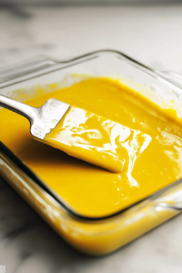 A close-up shot of a glass baking dish on the white marble cooktop, as half of the dry lemon cake mix is sprinkled evenly over the lemon pie filling. The fine cake mix powder contrasts against the smooth filling.