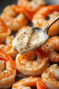 A close-up shot of a small spoon spreading a thin layer of creamy mayonnaise onto each butterflied shrimp. The shrimp glisten under soft kitchen lighting.