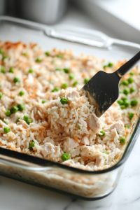 A greased 9×13-inch glass baking dish on the white marble cooktop filled with the chicken and rice mixture. A spatula spreads the mixture evenly to ensure even cooking.