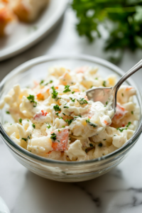Close-up of a spoon stirring a creamy mixture of mayonnaise and horseradish sauce in a small glass bowl over the white marble cooktop, preparing the dressing for the crab salad.