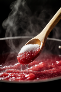 Close-up of a wooden spoon stirring in granulated sugar into the pot of kompot, creating gentle swirls as it dissolves into the deep red liquid. The steam rises as the sweet aroma fills the air.