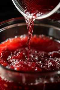 Close-up shot of a fine-mesh strainer positioned over a large glass pitcher, as the deep red kompot liquid is poured through, leaving behind softened fruit. The pitcher is nearly full and ready for chilling.