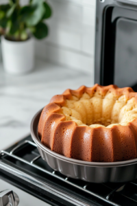 Close-up shot of a golden Strawberry Pound Cake rising beautifully in a fluted Bundt pan inside the oven, its top domed and slightly crackled, set over a white marble cooktop.