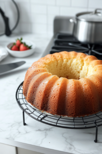 Close-up shot of the freshly baked Strawberry Pound Cake resting in the Bundt pan on a wire rack, with a butter knife gently loosening the edges, set over a white marble cooktop.