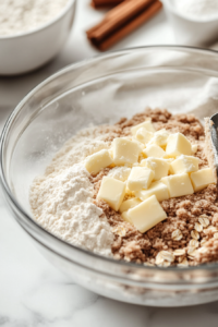 A close-up shot of a glass mixing bowl over the white marble cooktop, filled with flour, sugar, oats, salt, and cinnamon. Cubed butter is being cut into the mixture with a pastry cutter, creating a crumbly streusel texture.