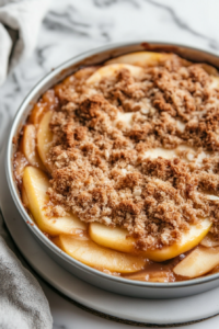 A close-up shot of the cake pan over the white marble cooktop, where the chilled streusel topping is being sprinkled generously over the layered apples, creating an even coating.