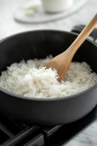 A black saucepan on a white marble cooktop, as Bomba rice is stirred with a wooden spoon. The grains turn slightly golden while absorbing the olive oil.