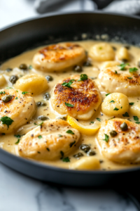 A black skillet on the white marble cooktop, with freshly cooked gnocchi tossed into the creamy lemon caper sauce. The golden chicken medallions are nestled back into the pan, soaking up the rich flavors. A spoon drizzles extra sauce over the dish, ensuring every bite is coated.