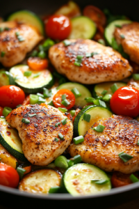 A close-up view of the skillet as vibrant zucchini rounds, green onions, and cherry tomatoes are stirred in. The fresh vegetables add a pop of color, contrasting beautifully with the golden-brown chicken.