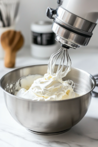 A stand mixer on a white marble countertop, whipping heavy cream to stiff peaks in a stainless steel mixing bowl. The peaks stand tall and fluffy as the beater is lifted, showing perfect consistency.