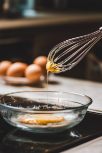 A close-up shot of the same glass mixing bowl over the white marble cooktop, now with a whisk blending the butter mixture. A beaten egg yolk and the foamy yeast mixture are being poured in, ready to combine.
