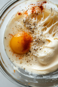 Close-up of a glass mixing bowl on the white marble cooktop, containing mayonnaise, spicy Dijon mustard, Old Bay seasoning, cayenne pepper, and egg yolk being whisked together to form a smooth mixture.