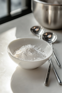 A rustic wooden countertop with a mixing bowl filled with flour, baking soda, and salt, ready to be whisked. A small sifter and measuring spoons are placed nearby for precise baking.