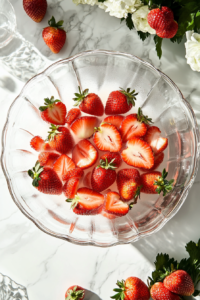 Sliced fresh strawberries or thawed strawberries in sugar are placed into a large punch bowl, forming the base of the refreshing strawberry soda punch. These juicy strawberries will infuse the drink with their natural sweetness.