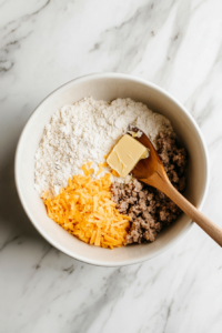 A large white mixing bowl on a white marble countertop with grated sharp cheddar cheese, raw sage ground pork sausage, and melted unsalted butter added on top of the whisked dry ingredients. A wooden spoon rests on the edge of the bowl, ready to mix everything together into a flavorful dough.