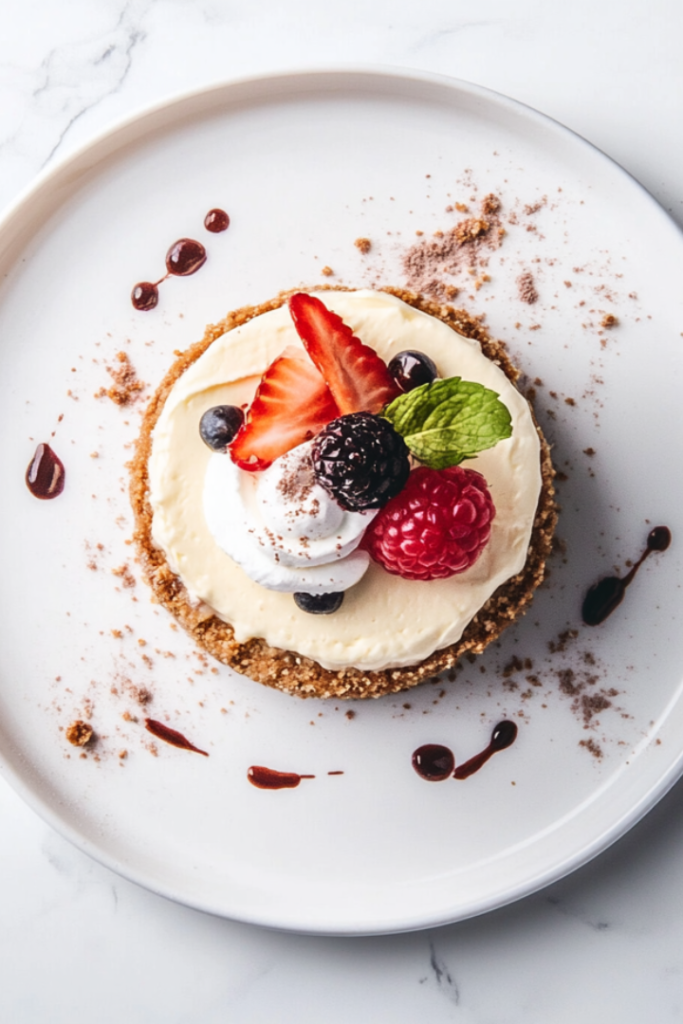 Top-down view of a fully cooked and chilled creamy cheesecake made in an air fryer, presented on a white ceramic plate placed on a clean white marble countertop. The cheesecake is golden on the edges, smooth on top, and optionally topped with fresh berries and whipped cream. This image showcases the final result in a minimal and elegant setup.