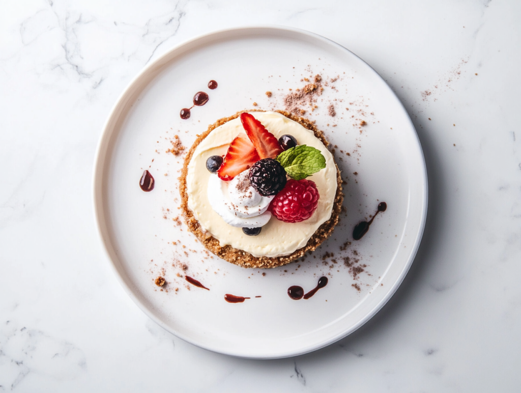Top-down view of a fully cooked and chilled creamy cheesecake made in an air fryer, presented on a white ceramic plate placed on a clean white marble countertop. The cheesecake is golden on the edges, smooth on top, and optionally topped with fresh berries and whipped cream. This image showcases the final result in a minimal and elegant setup.