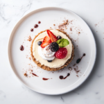 Top-down view of a fully cooked and chilled creamy cheesecake made in an air fryer, presented on a white ceramic plate placed on a clean white marble countertop. The cheesecake is golden on the edges, smooth on top, and optionally topped with fresh berries and whipped cream. This image showcases the final result in a minimal and elegant setup.