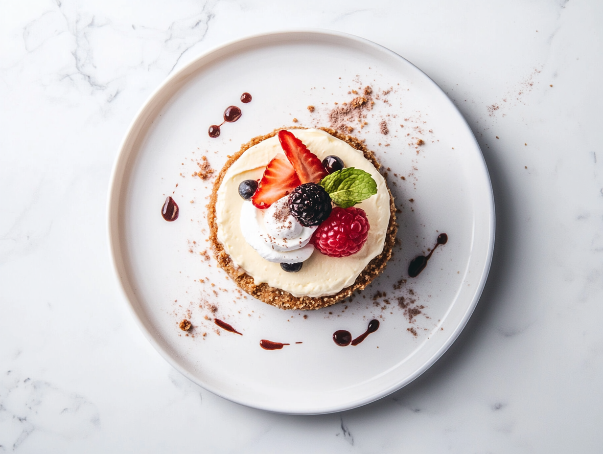 Top-down view of a fully cooked and chilled creamy cheesecake made in an air fryer, presented on a white ceramic plate placed on a clean white marble countertop. The cheesecake is golden on the edges, smooth on top, and optionally topped with fresh berries and whipped cream. This image showcases the final result in a minimal and elegant setup.