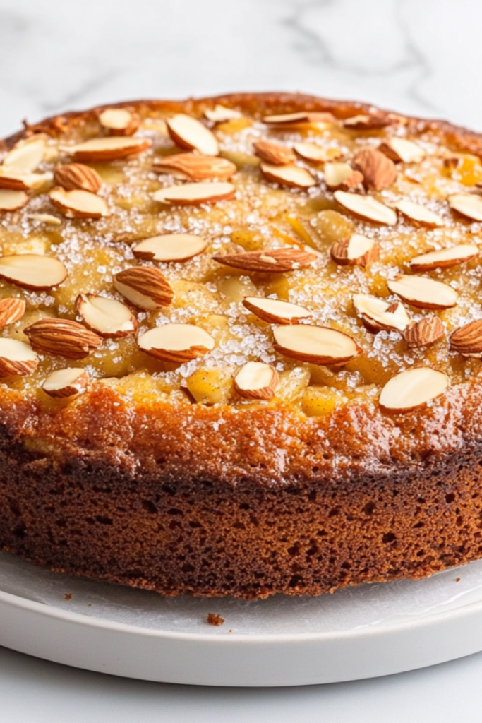 A top-down view of a golden apple almond cake freshly baked, topped with a sprinkle of sliced almonds and turbinado sugar. The cake sits on a white ceramic plate with parchment paper beneath it, all placed on a clean white marble countertop. The soft golden texture of the cake and the crispness of the topping shine in this simple and minimal scene, perfect for showcasing the dessert's lightness and flavor. The background enhances the cake's visual appeal, emphasizing its inviting look and texture.