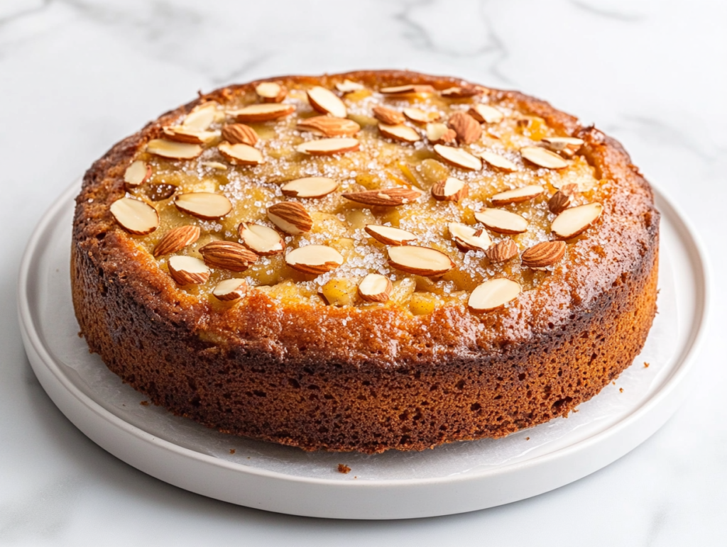 A top-down view of a golden apple almond cake freshly baked, topped with a sprinkle of sliced almonds and turbinado sugar. The cake sits on a white ceramic plate with parchment paper beneath it, all placed on a clean white marble countertop. The soft golden texture of the cake and the crispness of the topping shine in this simple and minimal scene, perfect for showcasing the dessert's lightness and flavor. The background enhances the cake's visual appeal, emphasizing its inviting look and texture.