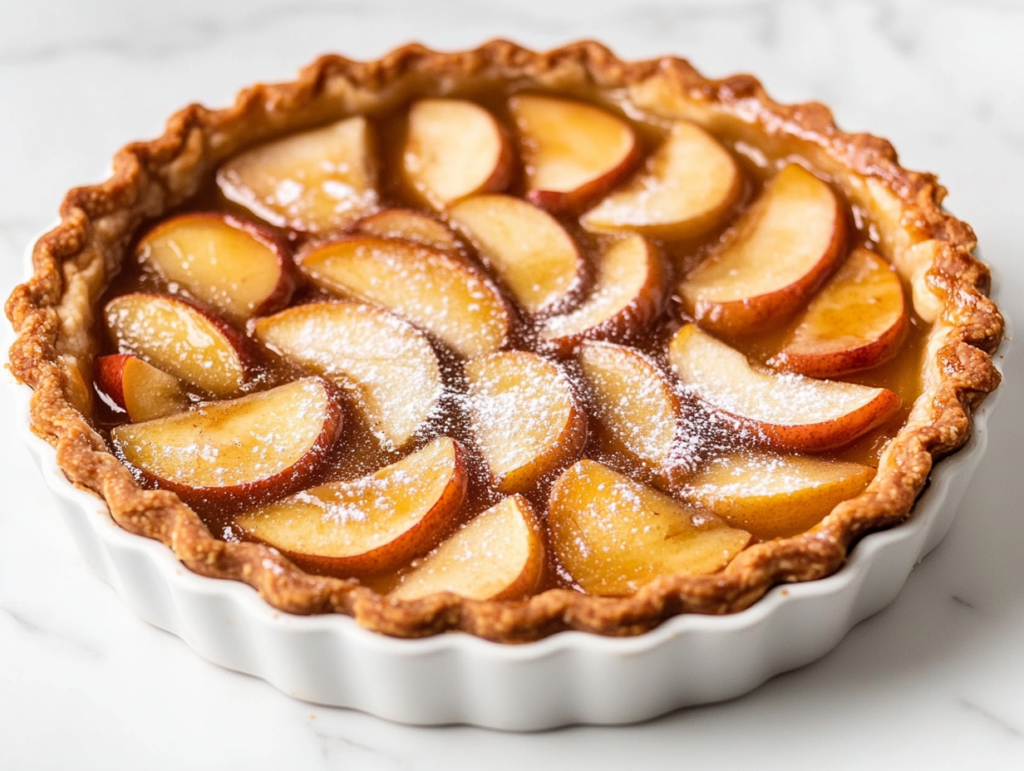 A fully baked apple custard tart beautifully presented in a white tart pan with removable bottom. The tart features golden-brown edges, perfectly layered apple slices, and a glossy glaze from apple jelly. Lightly dusted with confectioners’ sugar, the tart is placed on a white marble countertop, ready to serve. This image highlights the final baked product with a rustic yet elegant appearance, showcasing the results of the recipe in a clean and appetizing setup.