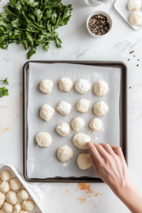 A top-down view of a parchment-lined baking sheet on a white marble countertop, featuring neatly arranged cheese-stuffed dough balls forming a festive Christmas tree shape. The dough balls are evenly spaced and aligned for a visually appealing presentation before baking. The simple and clean setup emphasizes the holiday-inspired shape of the dish.