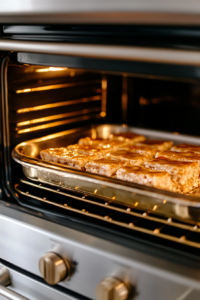 Close-up shot of a golden Neiman Marcus Bars tray inside a stainless steel oven, viewed through the open door. The top is perfectly golden brown and slightly crinkled, with a hint of buttery sheen, set over a white marble cooktop.