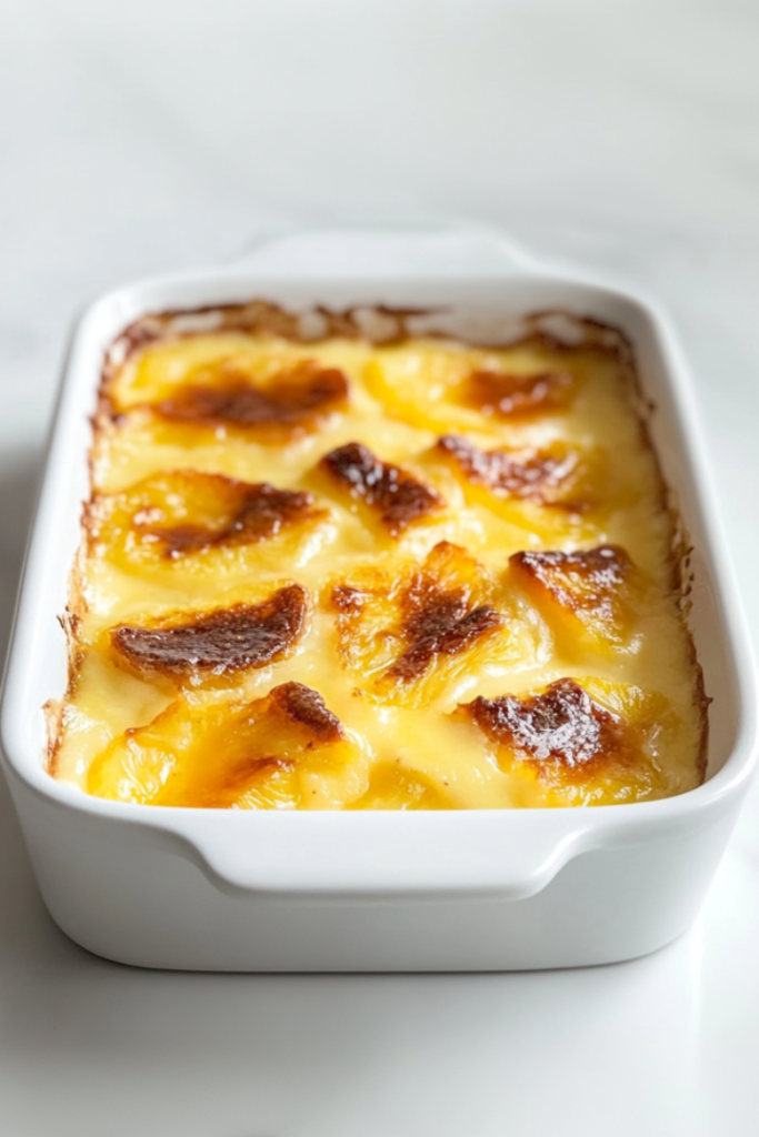 A top-down view of a golden-brown pineapple cinnamon pudding freshly baked in a white 9-inch ceramic baking dish. The dessert has a bubbly, slightly crisp top and sits on a white marble countertop. This simple yet inviting dish highlights the caramelized pineapple and warm cinnamon aroma, perfect for serving warm as a comforting treat.