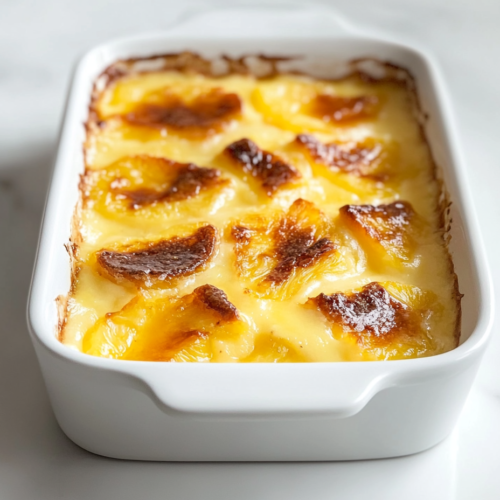 A top-down view of a golden-brown pineapple cinnamon pudding freshly baked in a white 9-inch ceramic baking dish. The dessert has a bubbly, slightly crisp top and sits on a white marble countertop. This simple yet inviting dish highlights the caramelized pineapple and warm cinnamon aroma, perfect for serving warm as a comforting treat.