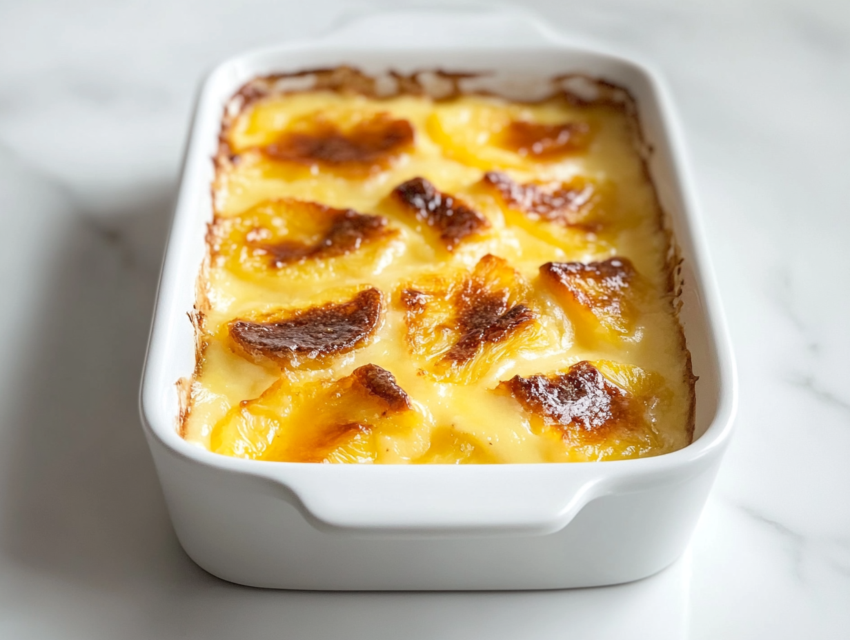 A top-down view of a golden-brown pineapple cinnamon pudding freshly baked in a white 9-inch ceramic baking dish. The dessert has a bubbly, slightly crisp top and sits on a white marble countertop. This simple yet inviting dish highlights the caramelized pineapple and warm cinnamon aroma, perfect for serving warm as a comforting treat.