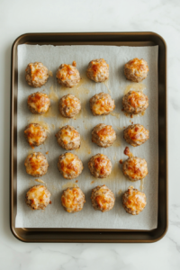 A parchment-lined baking sheet placed inside a preheated oven, where the sausage cheese balls are baking to a perfect golden brown. The oven light casts a warm glow on the tray, highlighting the crispy edges and melted cheddar cheese oozing slightly from some of the dough balls.