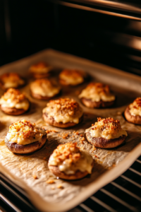 A parchment-lined baking sheet inside a preheated oven, with stuffed mushrooms baking to a golden perfection. The cheese is melting, and the breadcrumbs are crisping up, adding a deliciously crunchy texture. The warm oven light highlights the sizzling cheese and browned sausage mixture.