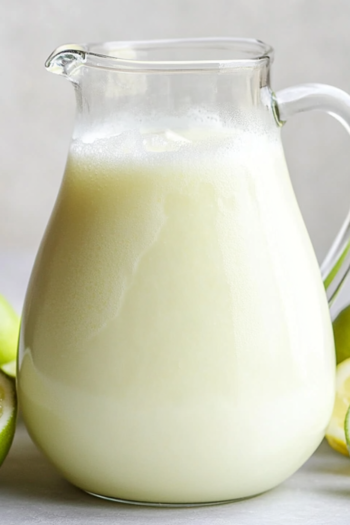 A delicious and creamy Brazilian lemonade is served in clear glasses filled with ice cubes and garnished with fresh lime wedges. The pale greenish-yellow drink is perfectly blended with lime juice, sugar, and sweetened condensed milk, sitting beautifully in a glass pitcher. The scene looks fresh, vibrant, and inviting, ideal for hot summer days.