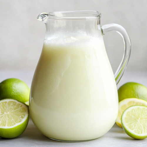A delicious and creamy Brazilian lemonade is served in clear glasses filled with ice cubes and garnished with fresh lime wedges. The pale greenish-yellow drink is perfectly blended with lime juice, sugar, and sweetened condensed milk, sitting beautifully in a glass pitcher. The scene looks fresh, vibrant, and inviting, ideal for hot summer days.
