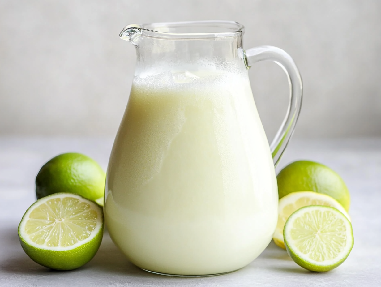 A delicious and creamy Brazilian lemonade is served in clear glasses filled with ice cubes and garnished with fresh lime wedges. The pale greenish-yellow drink is perfectly blended with lime juice, sugar, and sweetened condensed milk, sitting beautifully in a glass pitcher. The scene looks fresh, vibrant, and inviting, ideal for hot summer days.