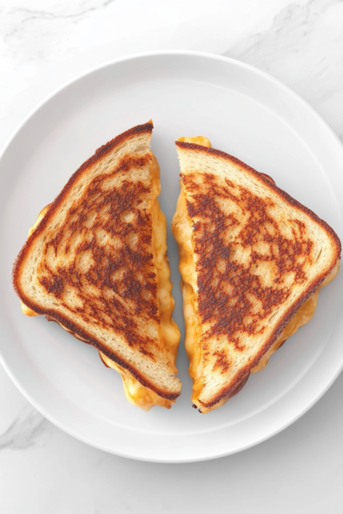 A close-up top-down view of two grilled cheese sandwiches made with thick Texas toast, stacked on a white ceramic plate. The bread is golden brown and crispy, and the melted cheddar, gouda, and havarti cheese ooze out from the middle. The sandwiches are placed on a clean white marble countertop with a simple and minimal background, perfect for showcasing the delicious texture and cheesy interior.