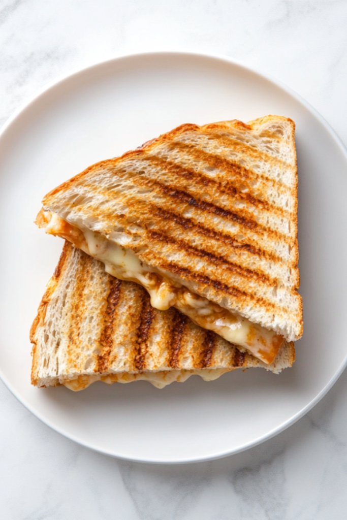 Top-down view of a grilled four-cheese sandwich sliced in half and served on a white ceramic plate, resting on a clean white marble countertop. The sandwich has a perfectly golden crust, and cheese is slightly oozing out from between the slices. The setup is minimal and clean, focusing on the crisp texture and gooey cheese, giving a cozy, homemade feel. This image visually represents the final result of the grilled sandwich recipe.