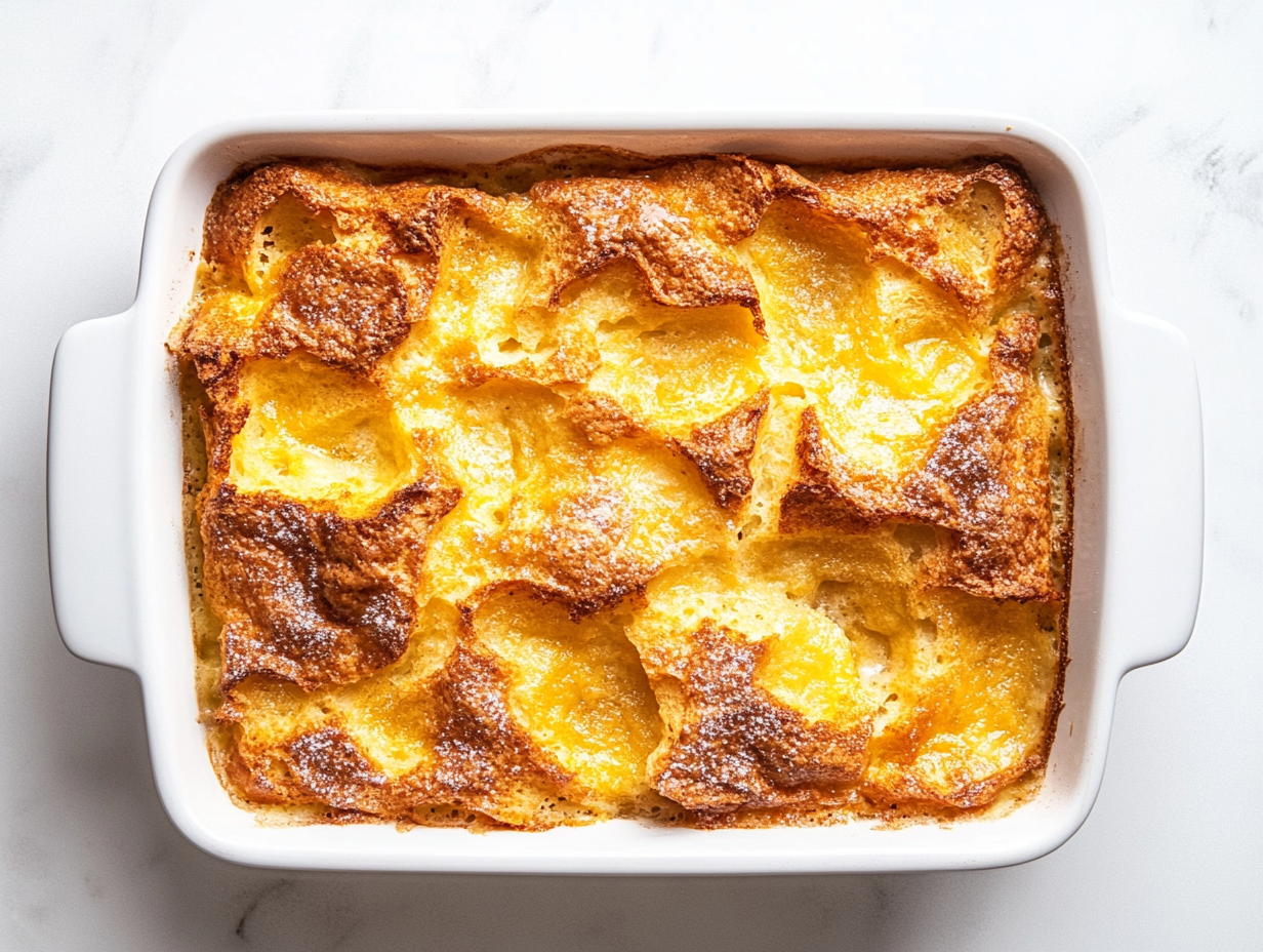Top-down view of a white 8x8-inch ceramic baking dish being greased with melted unsalted butter using a silver brush. The butter is in a small white bowl on a white marble countertop. The scene indicates preparation to bake bread pudding with a focus on cleanliness and minimalism in the cooking environment.