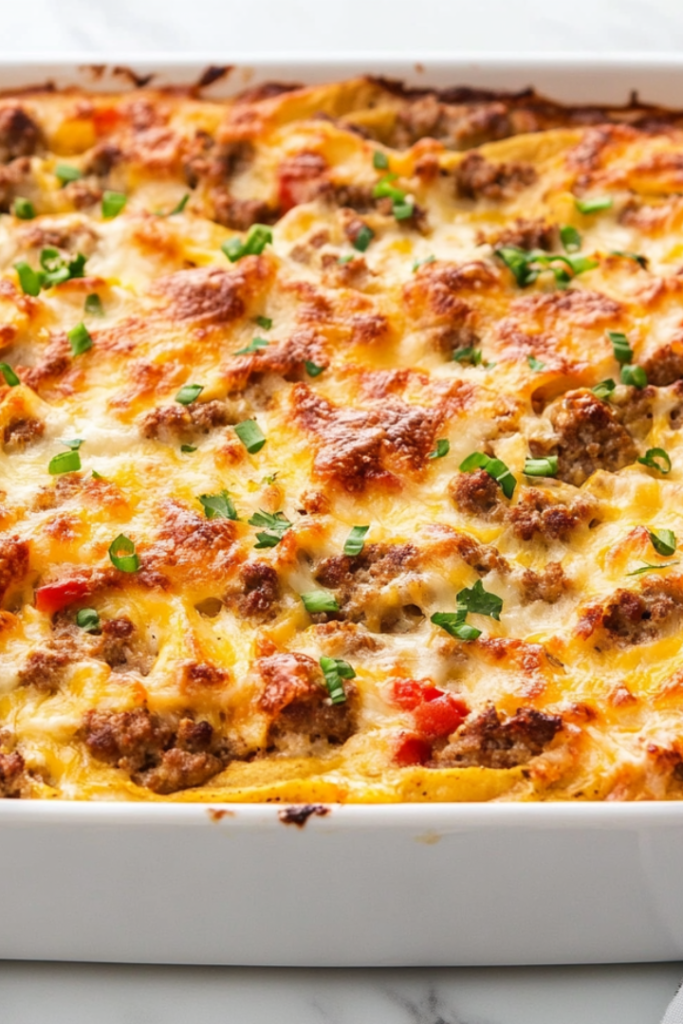Top-down view of a freshly baked breakfast casserole in a white 9x13 inch ceramic dish. The golden top features layers of melted Colby Jack cheese, sausage, hashbrowns, and tortillas. The dish is placed on a clean white marble countertop, looking warm and hearty, perfect for a family brunch or cozy weekend breakfast.