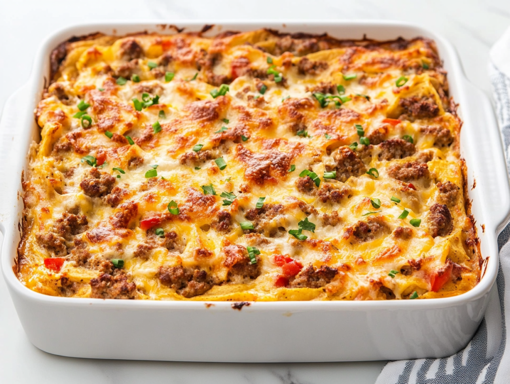 Top-down view of a freshly baked breakfast casserole in a white 9x13 inch ceramic dish. The golden top features layers of melted Colby Jack cheese, sausage, hashbrowns, and tortillas. The dish is placed on a clean white marble countertop, looking warm and hearty, perfect for a family brunch or cozy weekend breakfast.