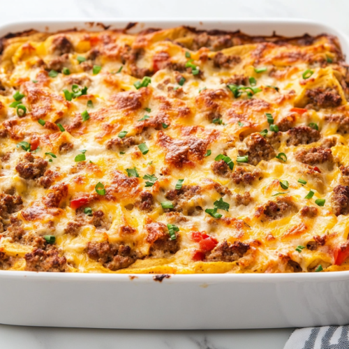 Top-down view of a freshly baked breakfast casserole in a white 9x13 inch ceramic dish. The golden top features layers of melted Colby Jack cheese, sausage, hashbrowns, and tortillas. The dish is placed on a clean white marble countertop, looking warm and hearty, perfect for a family brunch or cozy weekend breakfast.