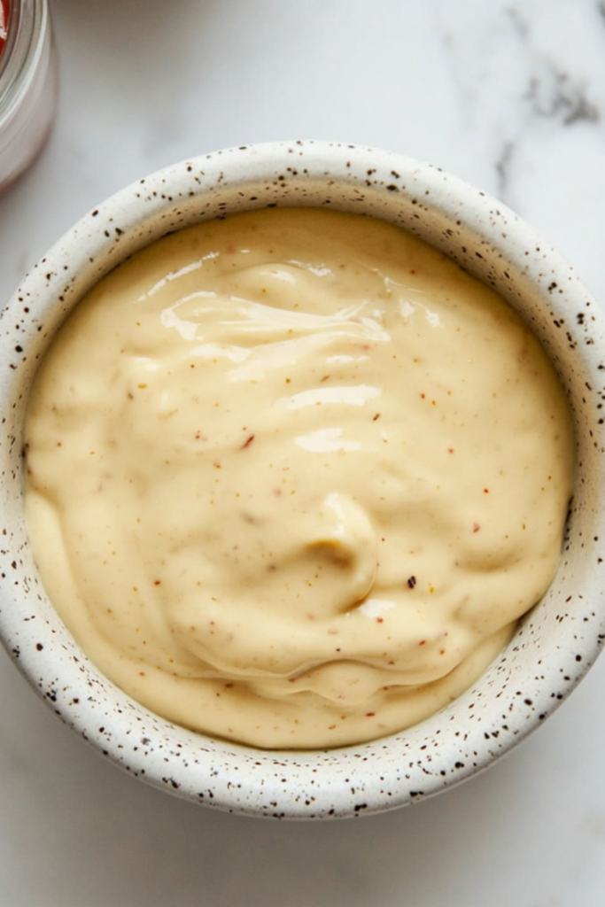 Top-down view of a glass bowl filled with a smooth, creamy homemade sauce made from mayonnaise, ketchup, mustard, and spices. The bowl sits on a clean white marble countertop with ingredients like hot sauce, mustard bottle, mayonnaise jar, and vinegar placed nearby, creating a minimal and organized cooking scene perfect for showcasing a finished sauce.